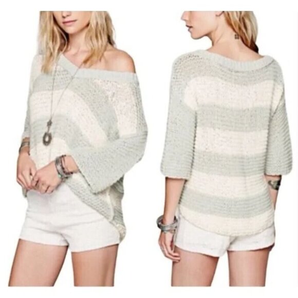 Free People Sweater Womens Large Park Slope Mint Green Ivory Slouchy Beachy - Picture 1 of 9